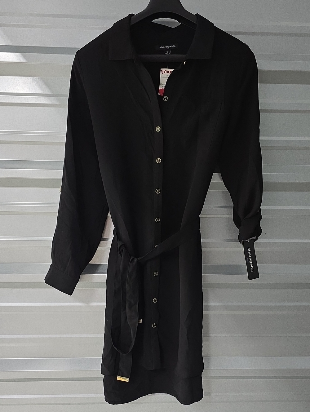 Sharagano Black Long-Sleeve Button-Front Shirt Dress with Tie Belt